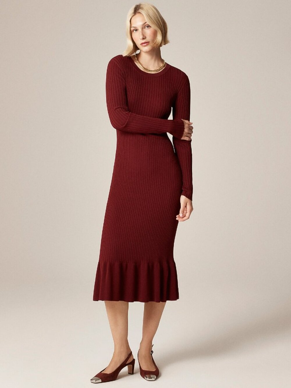 J.Crew Super‑Stretch Ruffle Sweater‑Dress – Inky Burgundy – Size S – NWT